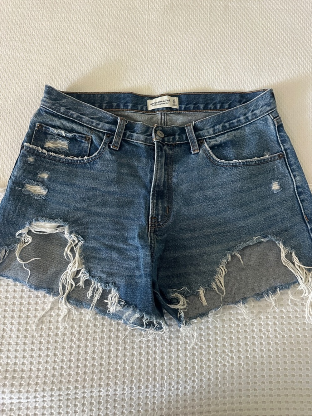 Abercrombie and Fitch Distressed High-Rise Denim Shorts - Blue